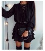 Siyah Puantiye Kabarmalı Şifon Kumaş Kemerli Mezuniyet Elbisesi 0178