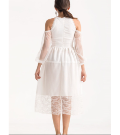 Beyaz Nikah Astarlı Tül Omuz Açık Elbise 0239